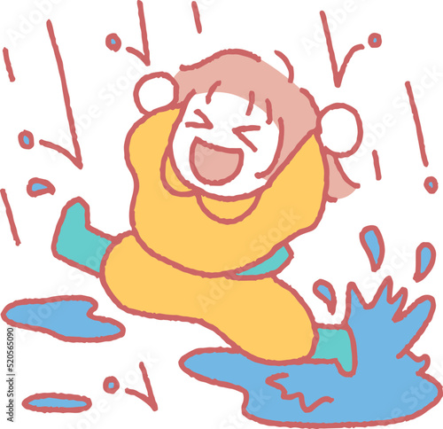 雨のなかレインコートを着てはしゃぐ女の子のイラスト