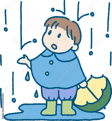 雨のなか傘を持って空を見上げる男の子のイラスト