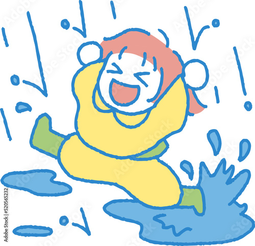 雨のなかレインコートを着てはしゃぐ女の子のイラスト