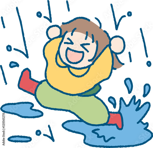 雨のなかレインコートを着てはしゃぐ女の子のイラスト