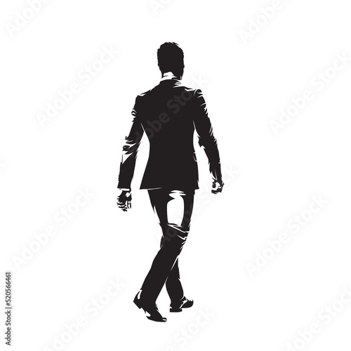 Businessman in suit walking, rear view. Man walks away. Abstract isolated vector silhouette, ink drawing