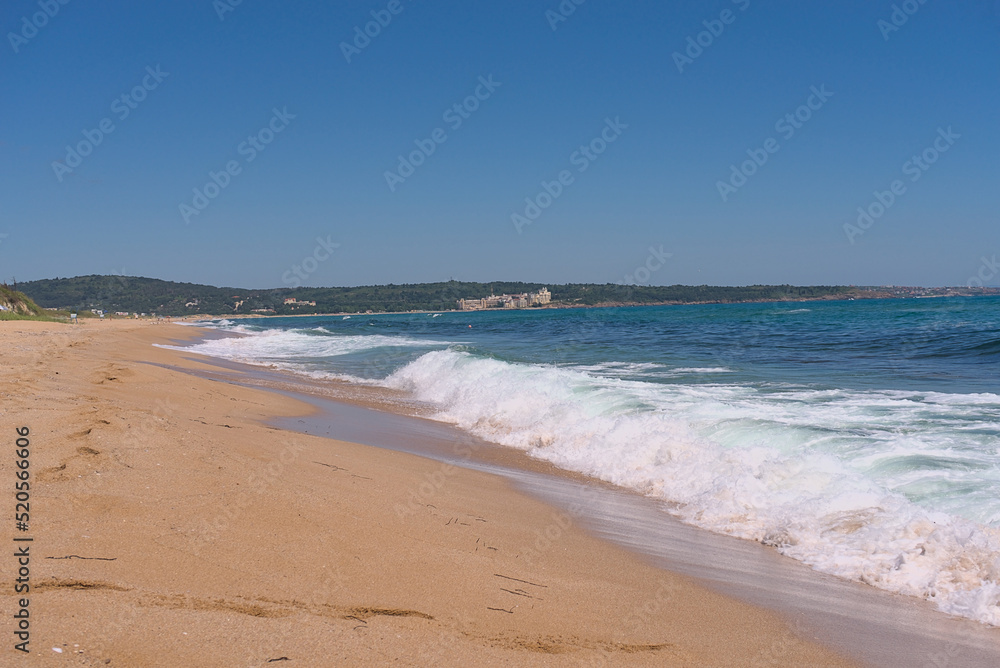 White sand beach with crystal clear azure sea water in Bulgaria. Black sea