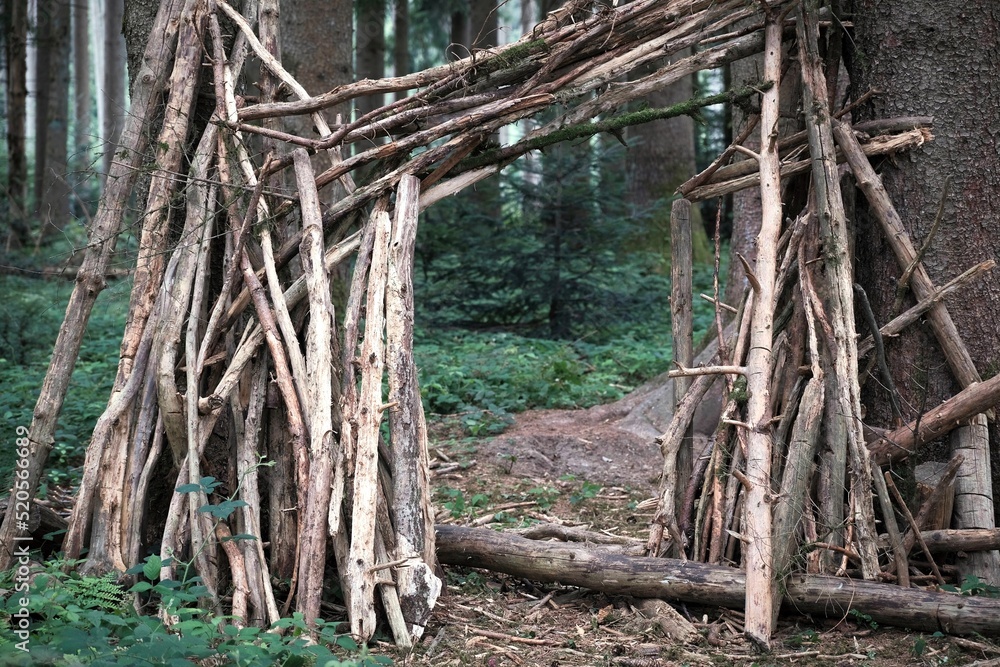 Äste im Wald zu einem Tor aufgestellt Äste im Wald zu einem Tor aufgestellt