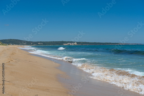 White sand beach with crystal clear azure sea water in Bulgaria. Black sea