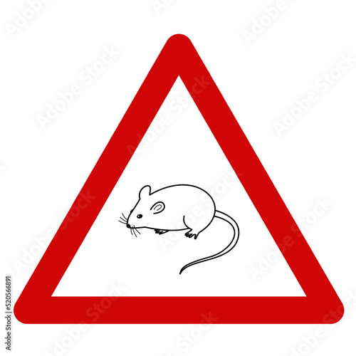 Black silhouette of a mouse seen from the side, in a red triangle as a warning