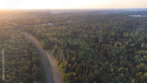 European forest top view. Aereal perspective of German forest near the Alps in late summer photo