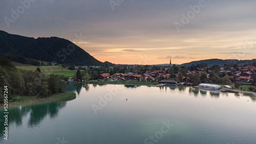 Evening aerial view of lake in the Alps. Schliersee in south Germany 