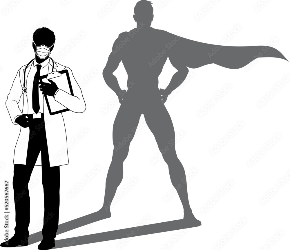 Superhero Doctor With Super Hero Shadow Silhouette Superhero Doctor With Super Hero Shadow Silhouette