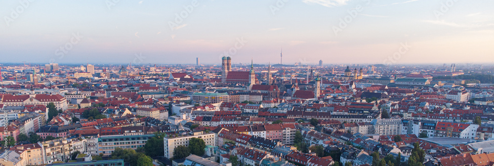 Fototapeta premium Early morning aerial bird view of Munich