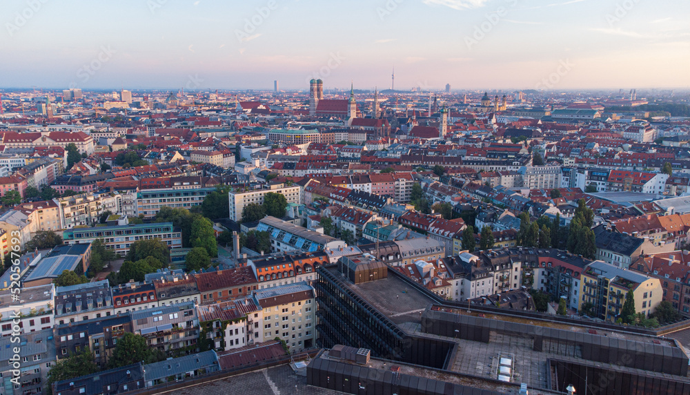 Early morning aerial bird view of Munich - obrazy, fototapety, plakaty 