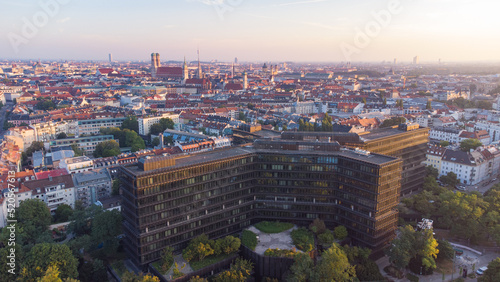 European patent office (Europäisches Patentamt) seen from above aerial view in the city of Munich