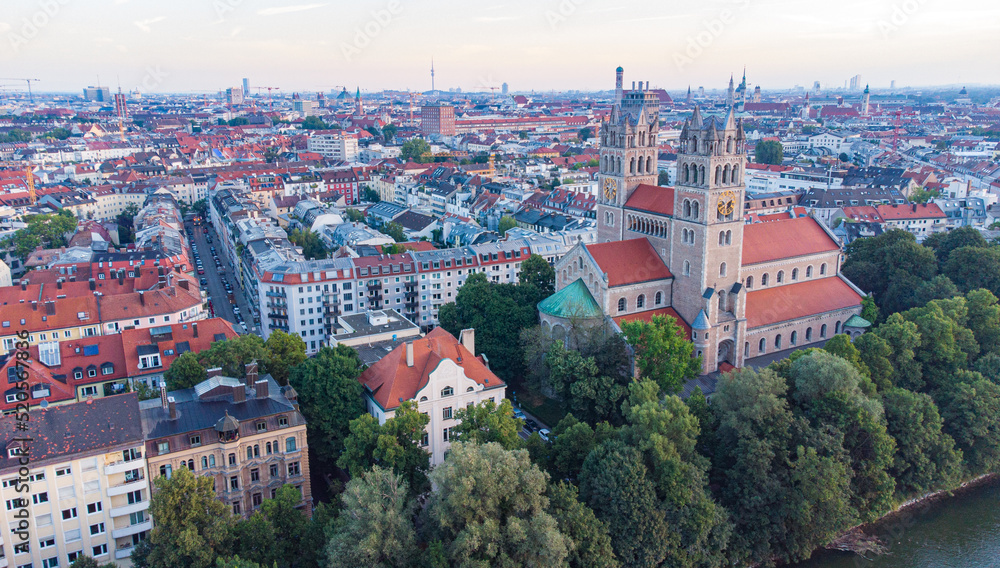St. Maximilian church aerial view next to the Isar river in Munich