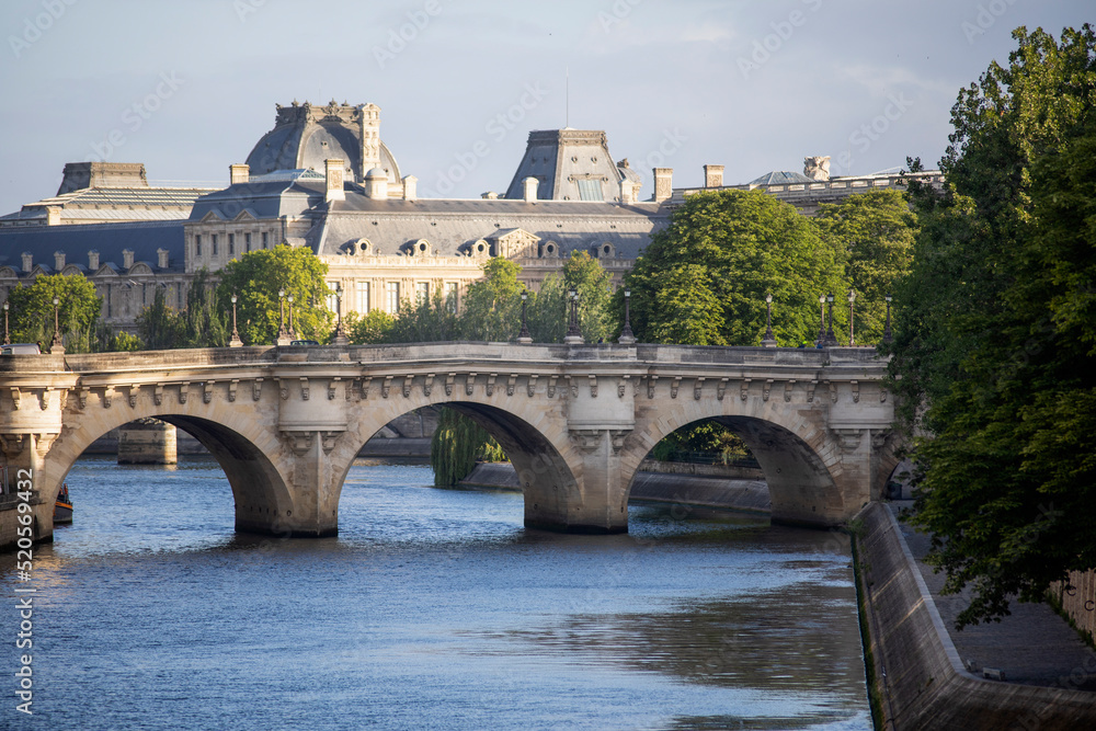 Scenery of the new bridge over the Seine River in the French city of Paris. Paris is divided by the Seine River and this beautiful European city is full of beautiful bridges among other monuments.