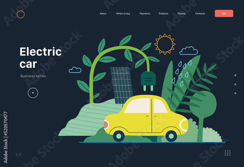Ecology - Electric car -Modern flat vector concept illustration of Solar panels and an electric car. Renewable energy metaphor. Creative landing web page template