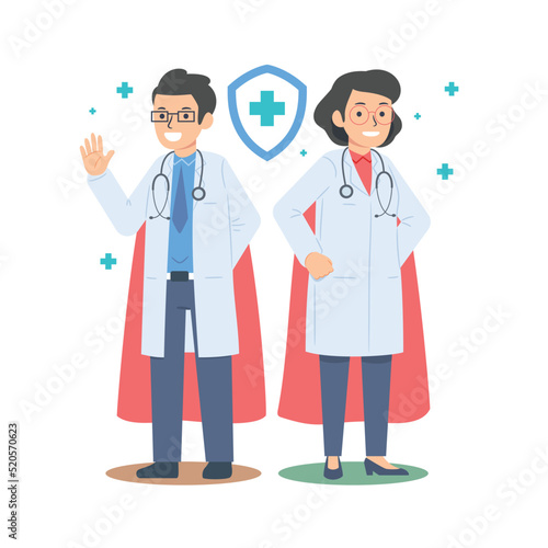 Concept of a male and female doctors smiling with superhero capes