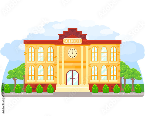 School building with a sign at the entrance to the building and well-groomed plants around the school, clipart, school illustration, poster, school theme