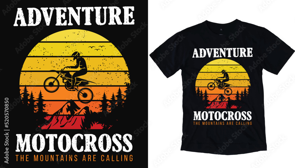 Adventure Motocross - the mountains are calling t shirt with typography and motocross bike racer - Vintage adventure t-shirt design illustration.