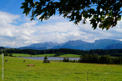 hiking trail overlooking scenic Attlesee in the Bavarian Alps, Nesselwang, Allgaeu or Allgau, Germany	 photo