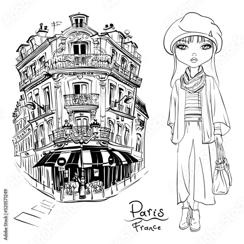 Canvas Print Vector cute girl on a paris street in Paris, France