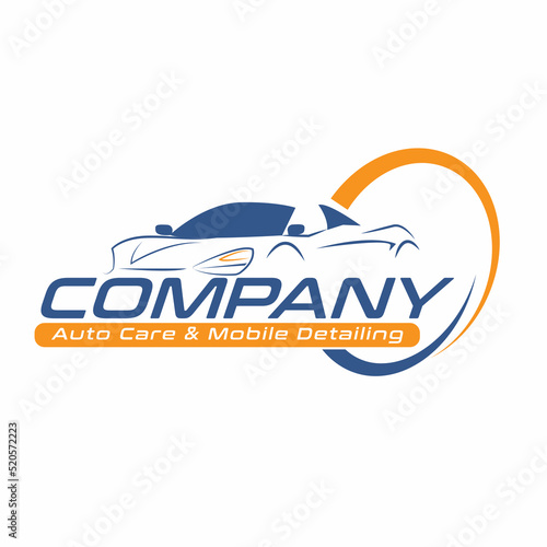 Blue and orange auto detailing service logo with the car sign