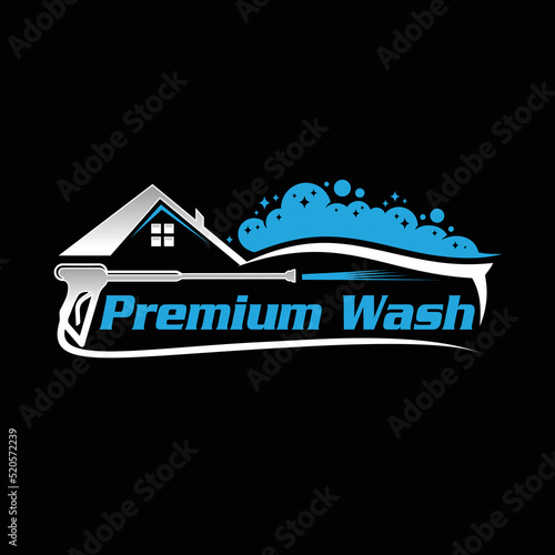 Blue and silver carwash service company logo with house and car signs
