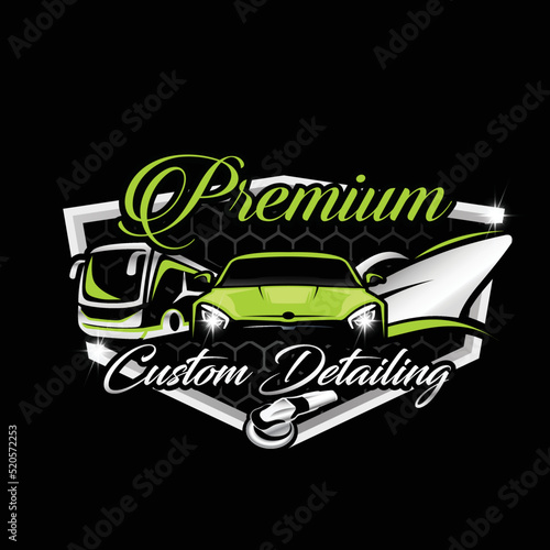 Green and silver car custom detailing service company logo with vehicle signs