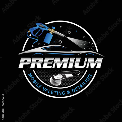 Blue and silver mobile valeting and detailing service company circular logo