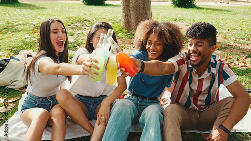 Happy, smiling multiethnic young people at picnic on summer day outdoors. Group of friends having fun with drinks, raising toasts while relaxing in the park at picnic © Andrii Nekrasov