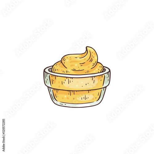 Glass bowl with mustard paste sauce hand drawn vector illustration isolated.