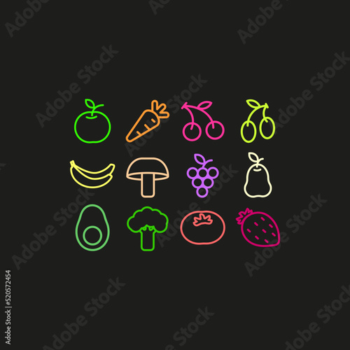 Neon food icons on black background