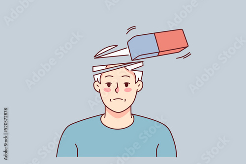 Unhappy old grey-haired man suffer from memory loss. Unwell elderly grandfather struggle with dementia or Alzheimer disease. Healthcare and geriatrics. Vector illustration. 