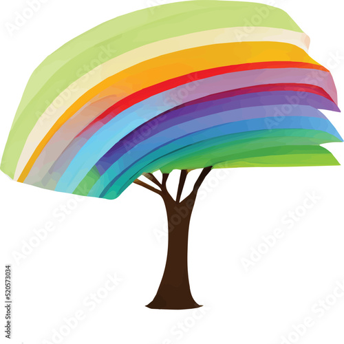 Digital art of a tree with rainbow-colored leaves on a white background