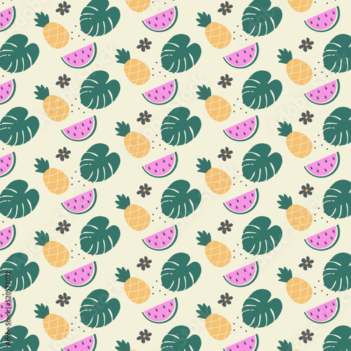 Summer pattern with images of pineapple, watermelon, tropical leaf and flower