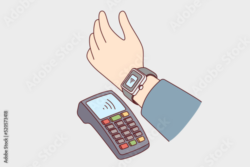 Person pay with smartwatch on bank terminal in shop. Modern man make transaction with smart watch in store. Banking and payment. Vector illustration. 