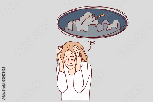 Unhappy woman worried about city bombings. Unhealthy stressed female think of war attack in town. Vector illustration. 