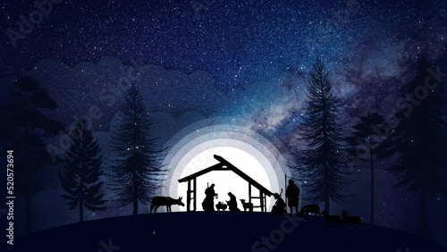 Christmas Scene animation with twinkling stars and nativity characters animated animals and trees. Seamless Loop of Nativity Christmas story under starry sky and moving wispy clouds. 4k