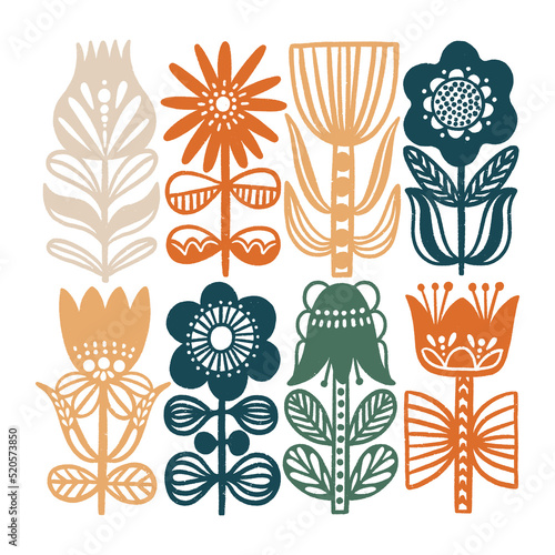 Scandinavian folk flowers illustration vector collection