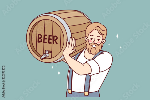 Bearded man carrying beer barrel. Smiling male barmen or waiter holding cask with alcoholic drink. Vector illustration. 