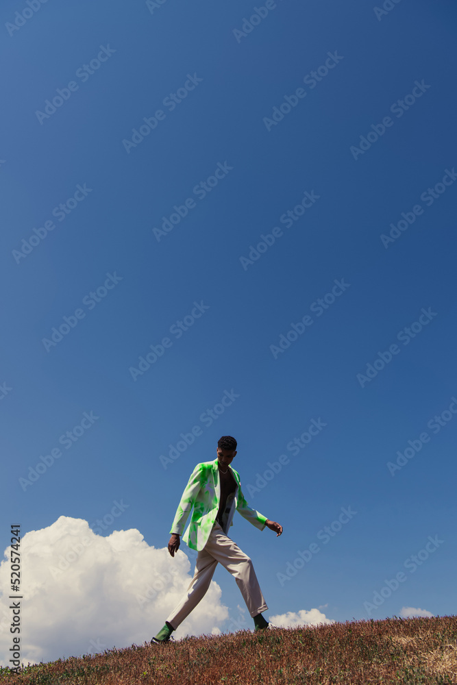 young african american man in stylish summer outfit walking in field under blue sky young african american man in stylish summer outfit walking in field under blue sky