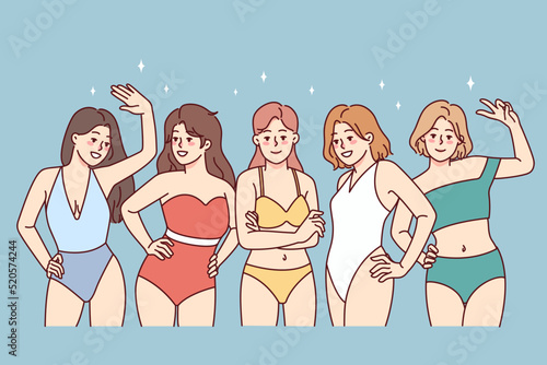 Portrait of smiling girls in swimsuits posing together. Happy diverse young women in bikini enjoy summer vacation. Diversity and body positivity. Vector illustration. 