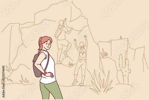 Happy woman hiking in mountains. Smiling girl enjoy active travel on weekend. Sport and nature. Vector illustration. 