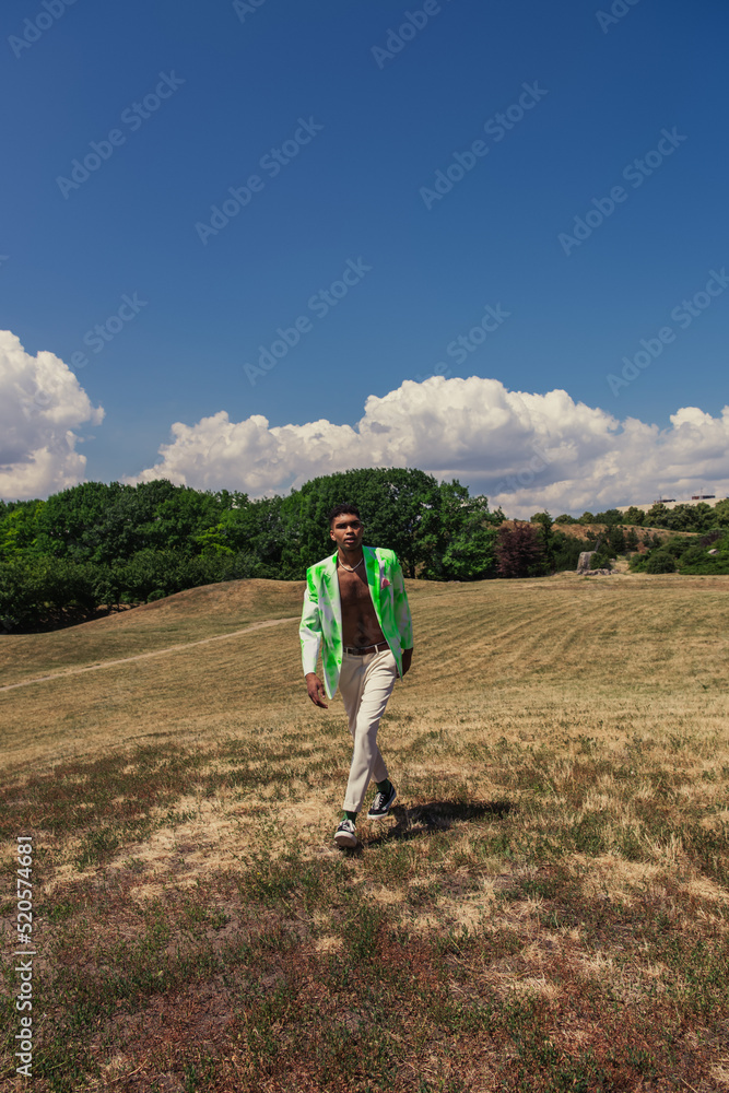 full length of stylish african american man walking in field with green trees
