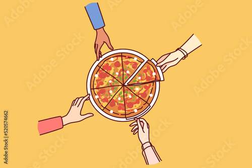 Close-up of people eating pizza together. Friends or colleagues share Italian fast food at work break in office. Vector illustration. 