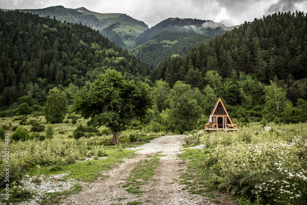 House in the mountain forest. A frame house in a mountain valley