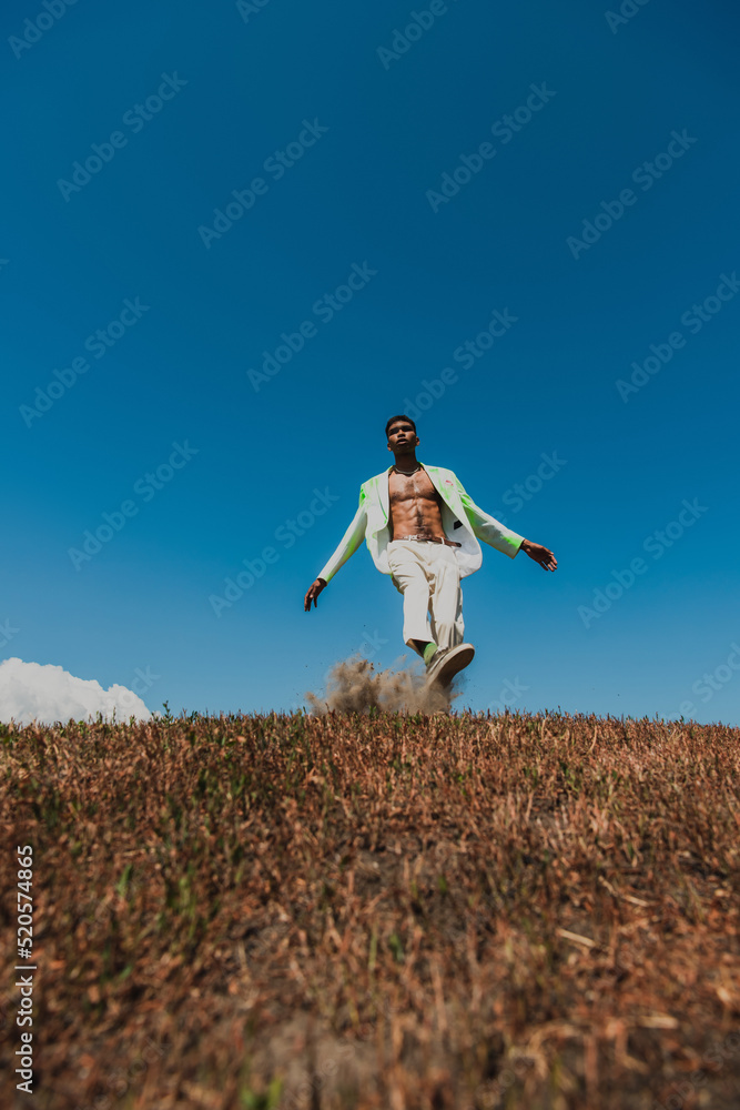african american man in trendy summer outfit posing in field under blue sky african american man in trendy summer outfit posing in field under blue sky