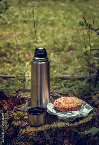 Obraz na płótnie Camping tea in the forest. Thermos of tea on a stump w salonie