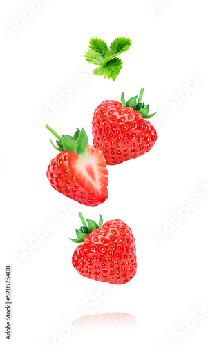 Strawberry berries isolated on white background. Whole and cut half of falling strawberries