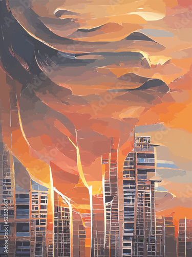 Panorama of a burning big city