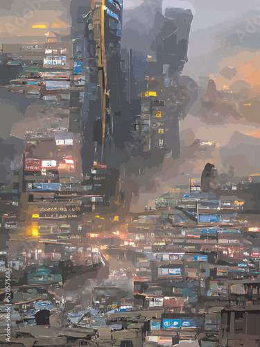 Panorama of a burning big city