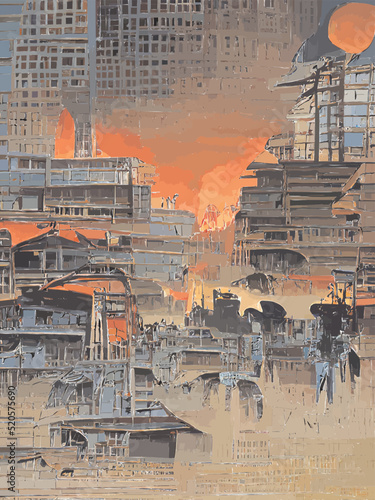 Panorama of a burning big city
